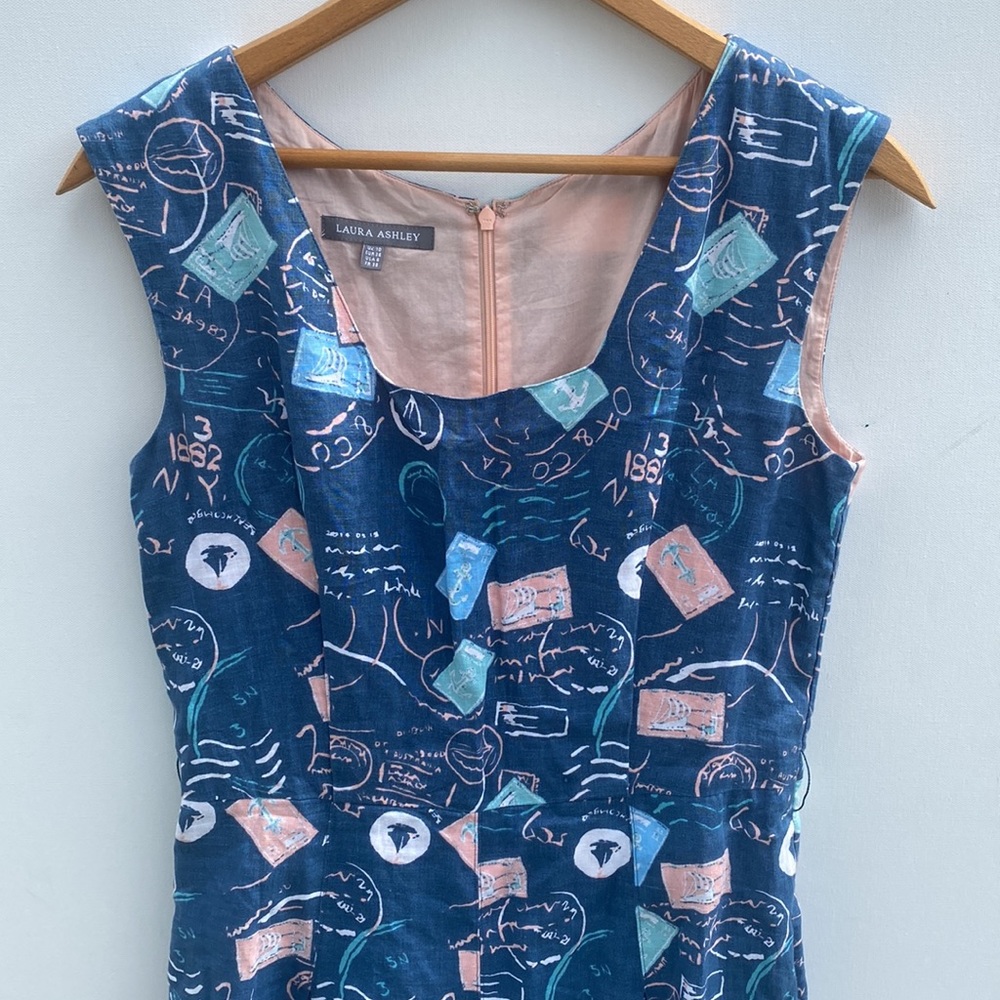 Laura Ashley Womens 6 Blue 100% Linen Travel Nautical Sail Boat Print Sundress